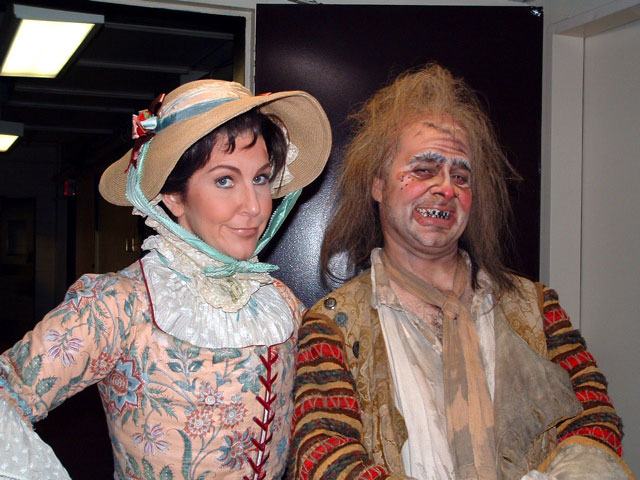 The Metropolitan Opera, New York City.  Backstage at the Met during Le Nozze di Figaro. That's Cherubino dressed as one of the Countess's flower maidens, with the brilliantly costumed Patrick Carfizzi as Antonio.  November, 2005